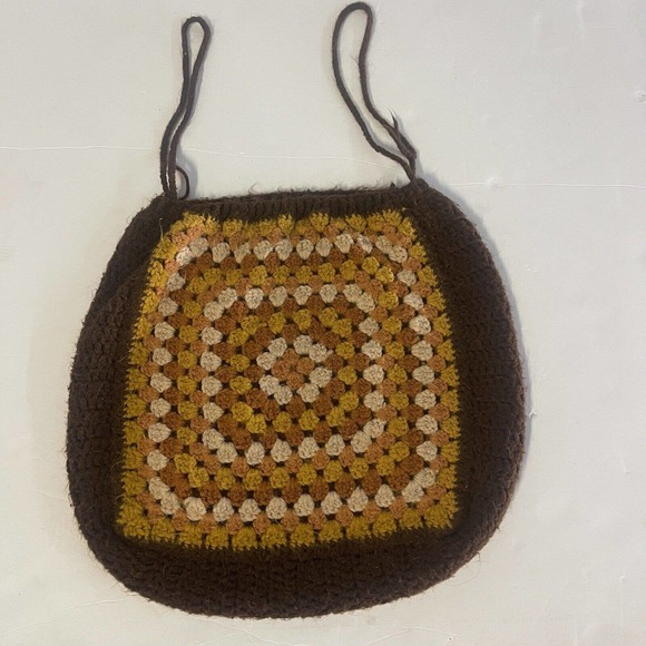 Women's Vintage 70's Handmade Afghan Blanket Purse Brown Yellow Knit - Picture 1 of 9